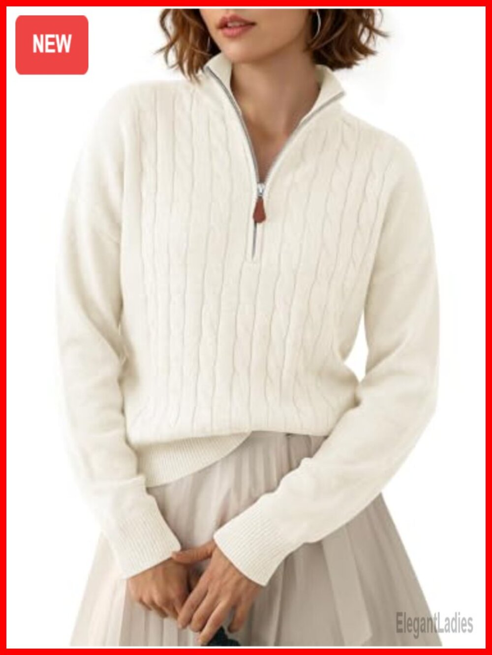 Quarter Zip Cable Knit Sweater V-Neck Pullover Women Fall Winter